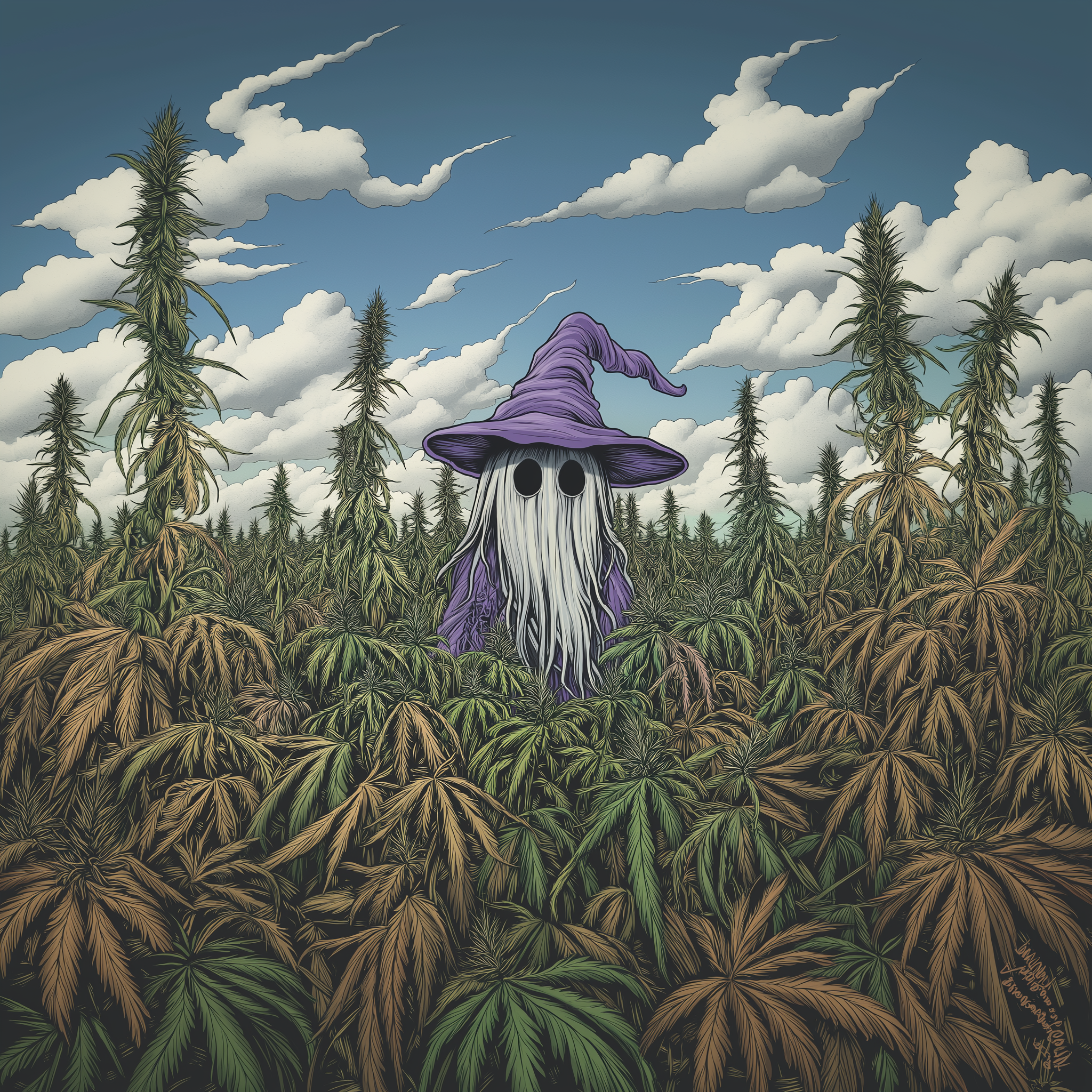 Kuvituskuva haamuhahmosta purppuraisessa velhon hatussa hamppupellon keskellä; Ghost Town Seedsin CBD-kauppa, josta löydät CBD-öljyt, kukinnot, konsentraatit, kosmetiikan ja urheilutuotteet hyvinvointiin.