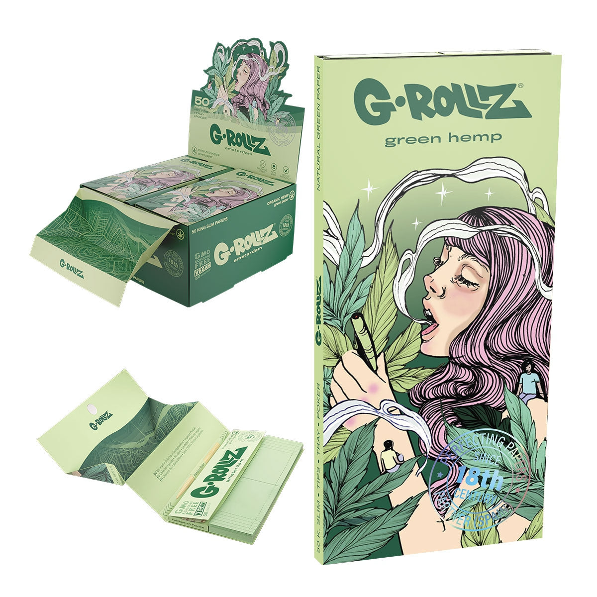 G-Rollz - Organic Green Hemp ’Colossal Dream’ Ks Slim Ohuet Pitkät Paperit + Tipit & Alusta
