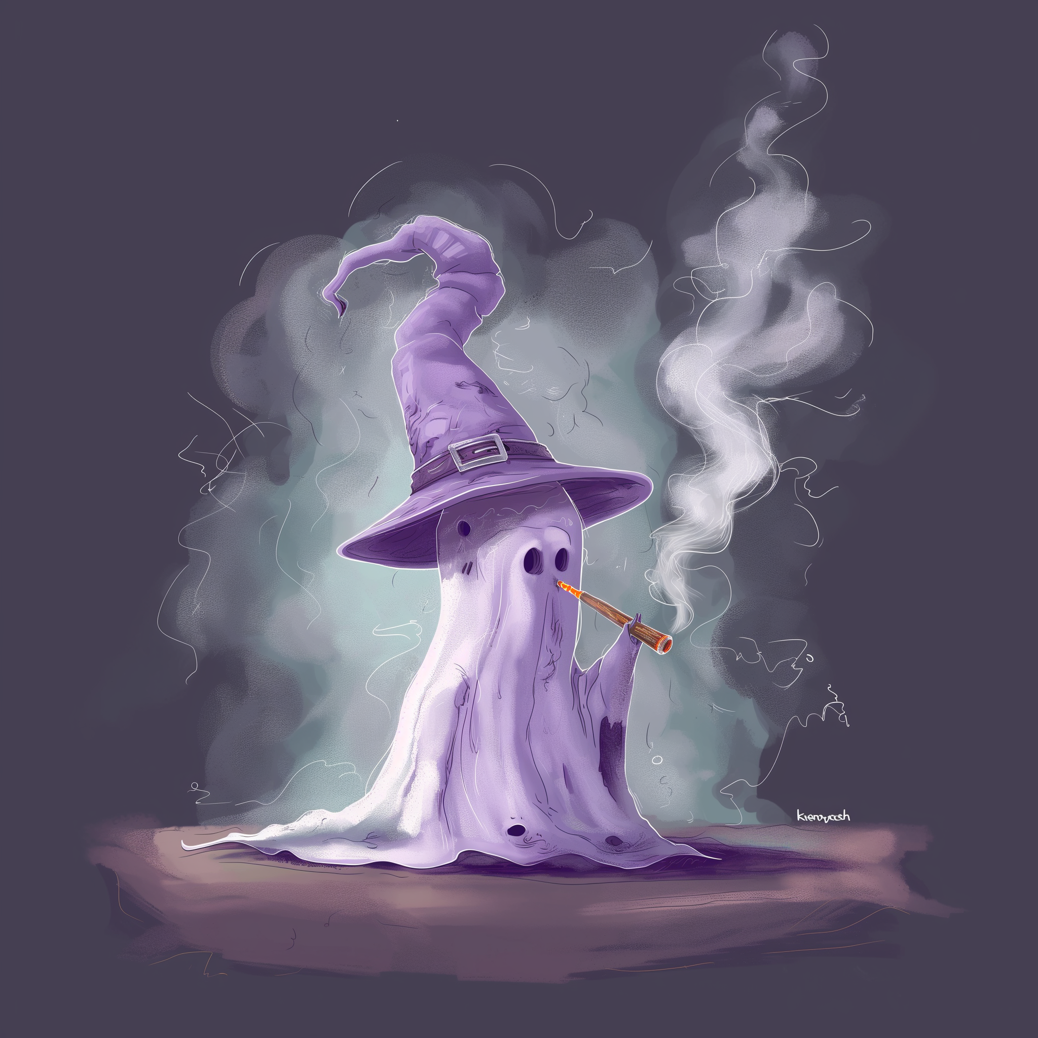 Ghost Town Seedsin etusivun mainoskuva; aavemainen hahmo purppuraisessa velhon hatussa polttamassa piippua usvan keskellä; laadukkaat piiput ja tarvikkeet savukkeiden polttoon.