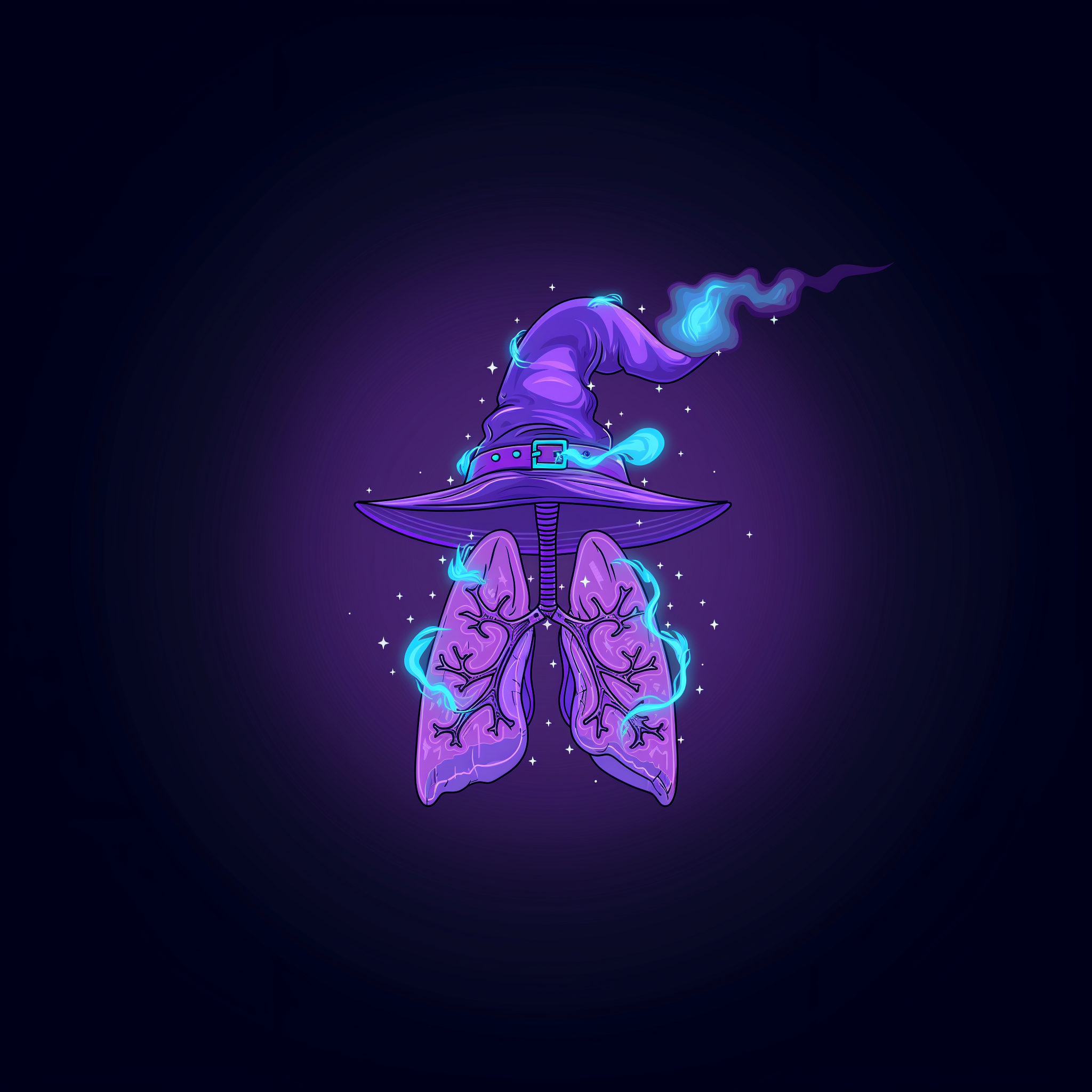 Taiteellinen kuvituskuva, jossa keuhkot kantavat velhon hattua; esittelee laadukkaat aktiivihiilifiltterit, tipit ja suodattimet tasaisempaan ja puhtaampaan käyttöön.