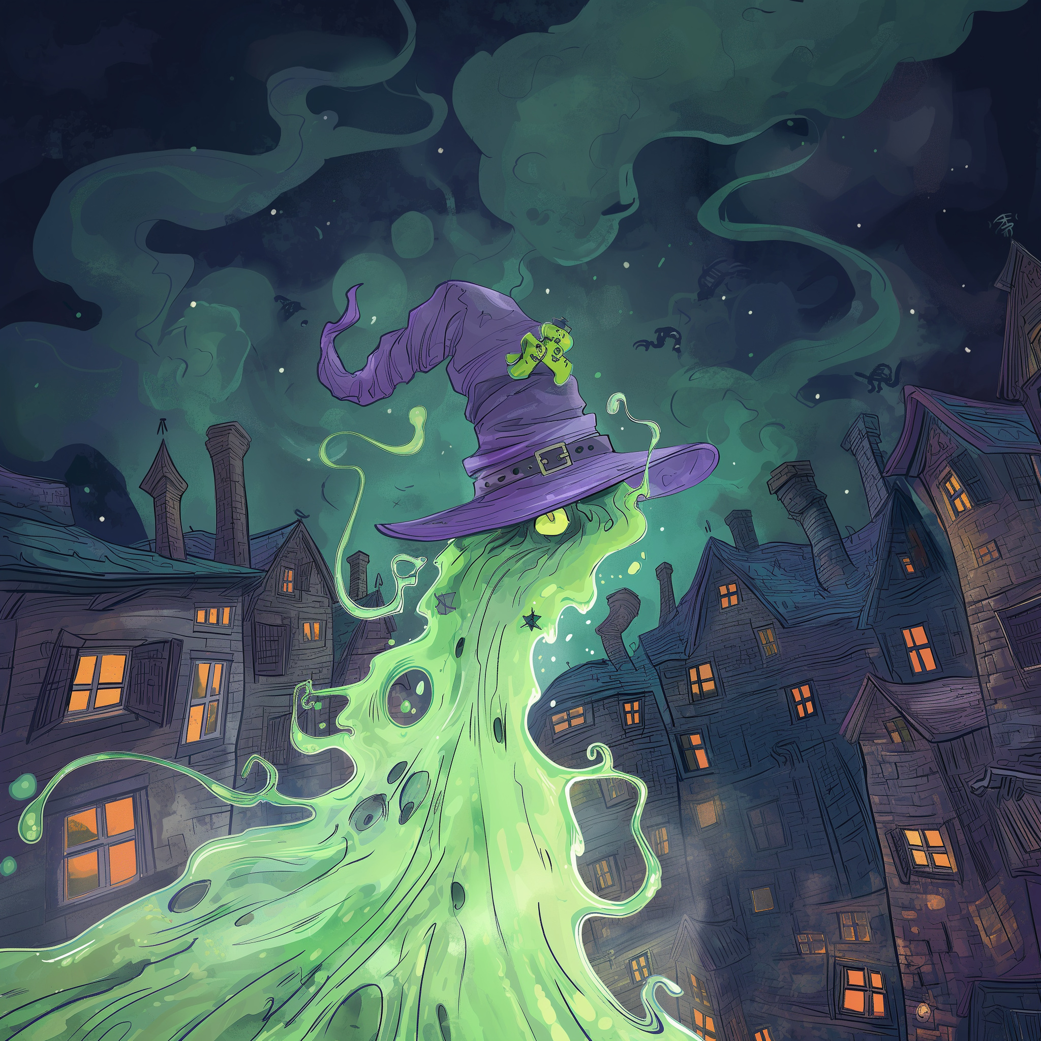 Ghost Town Seedsin etusivun mainoskuva; vihreä haamunhahmo velhon hatussa nousemassa kaupungin ylle; tehokkaat hajunpoistajat, ONA-geelit ja suihkeet hajunpoistoon.