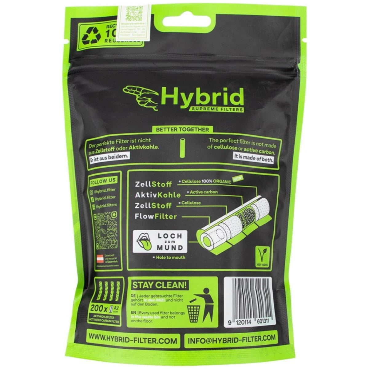 Hybrid Supreme Plus - 8,2mm Selluloosa Aktiivihiilifiltterit Valkoinen (200 kpl)