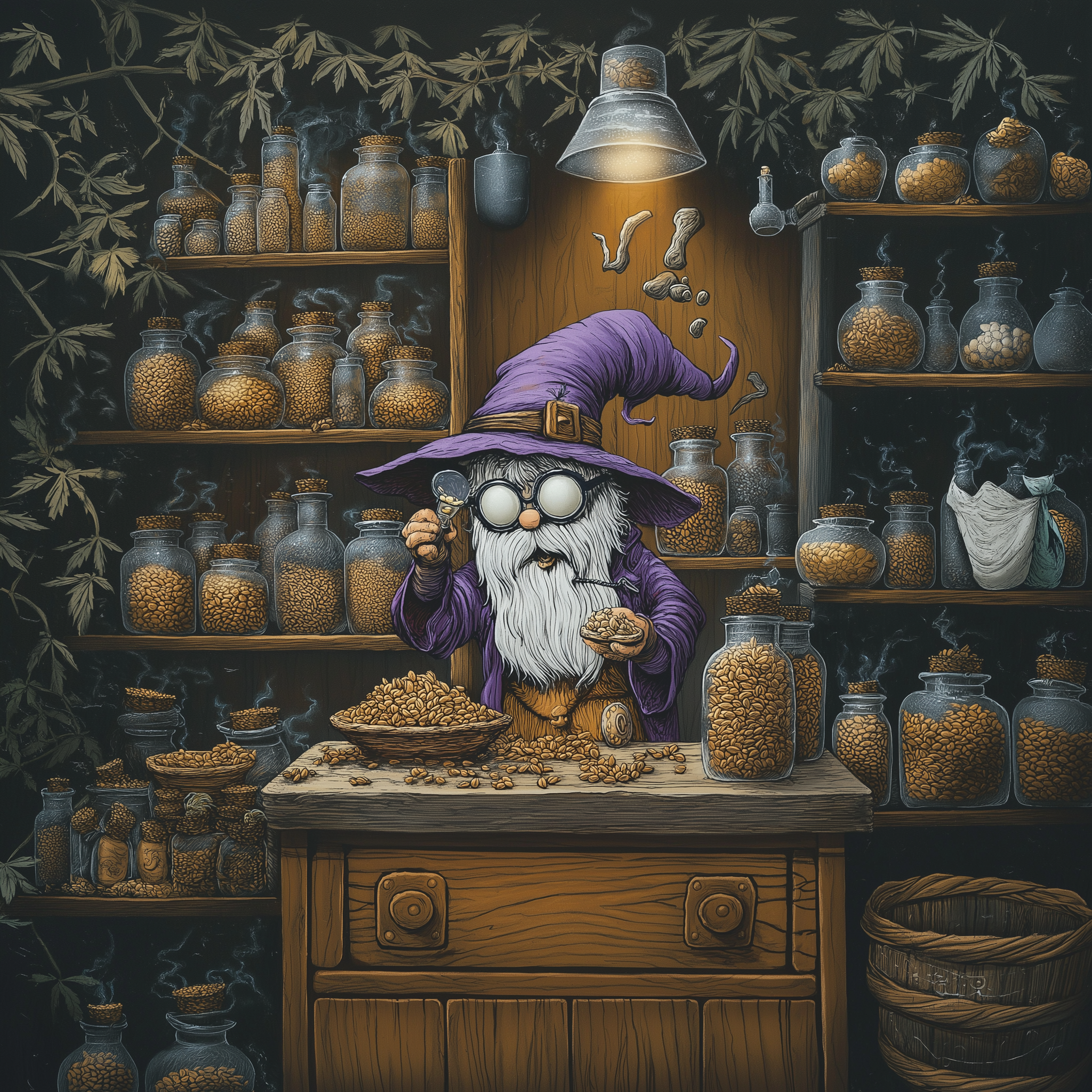 Kuvituskuva velhosta tutkimassa tarkasti siemeniä suurennuslasilla siemenpankissa; Ghost Town Seedsin laadukkaat kannabiksen siemenet ja keräilysiemenet harrastajille.