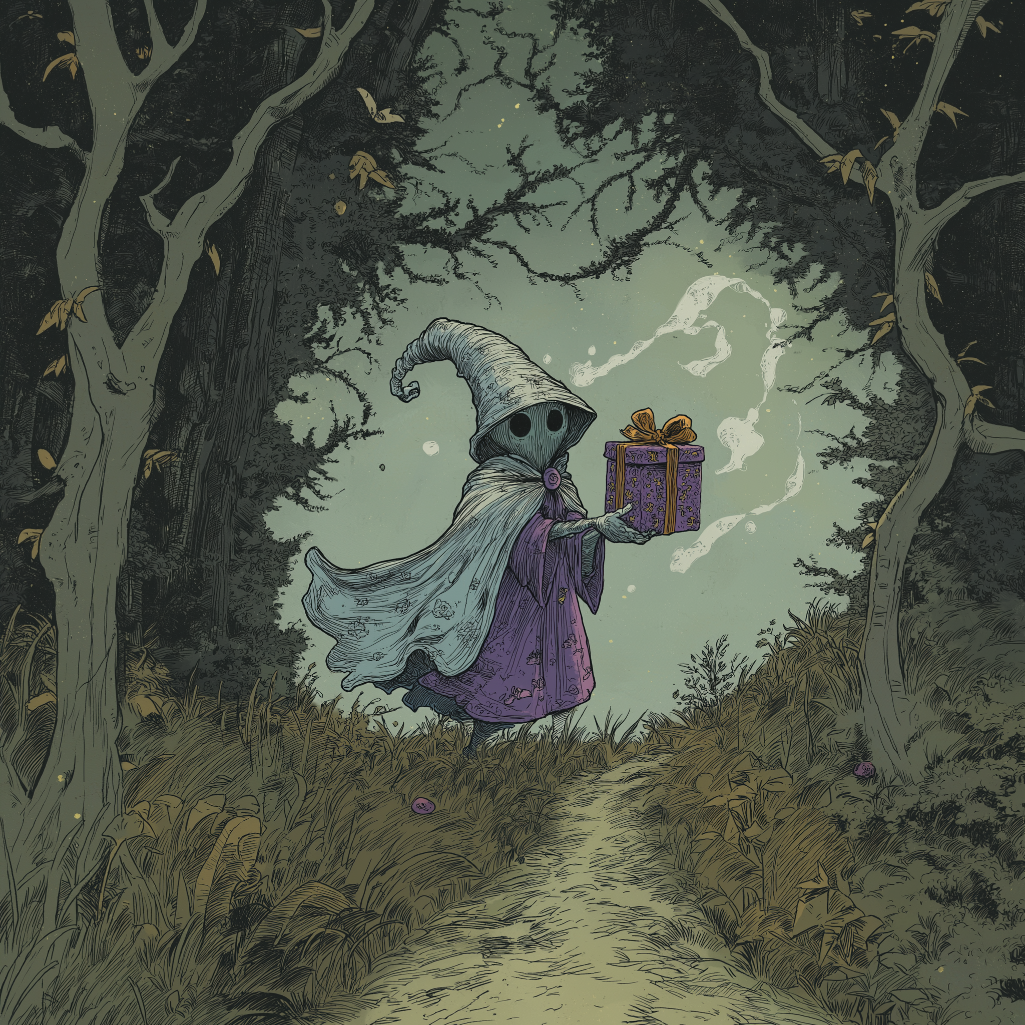 Ghost Town Seedsin etusivun mainoskuva; pieni hahmo purppuraisessa kaavussa kulkemassa sumuisella metsäpolulla ja kantamassa lahjapakettia; parhaat headshop-lahjat ja lahjaideat tupakointitarvikkeiden ystävälle.