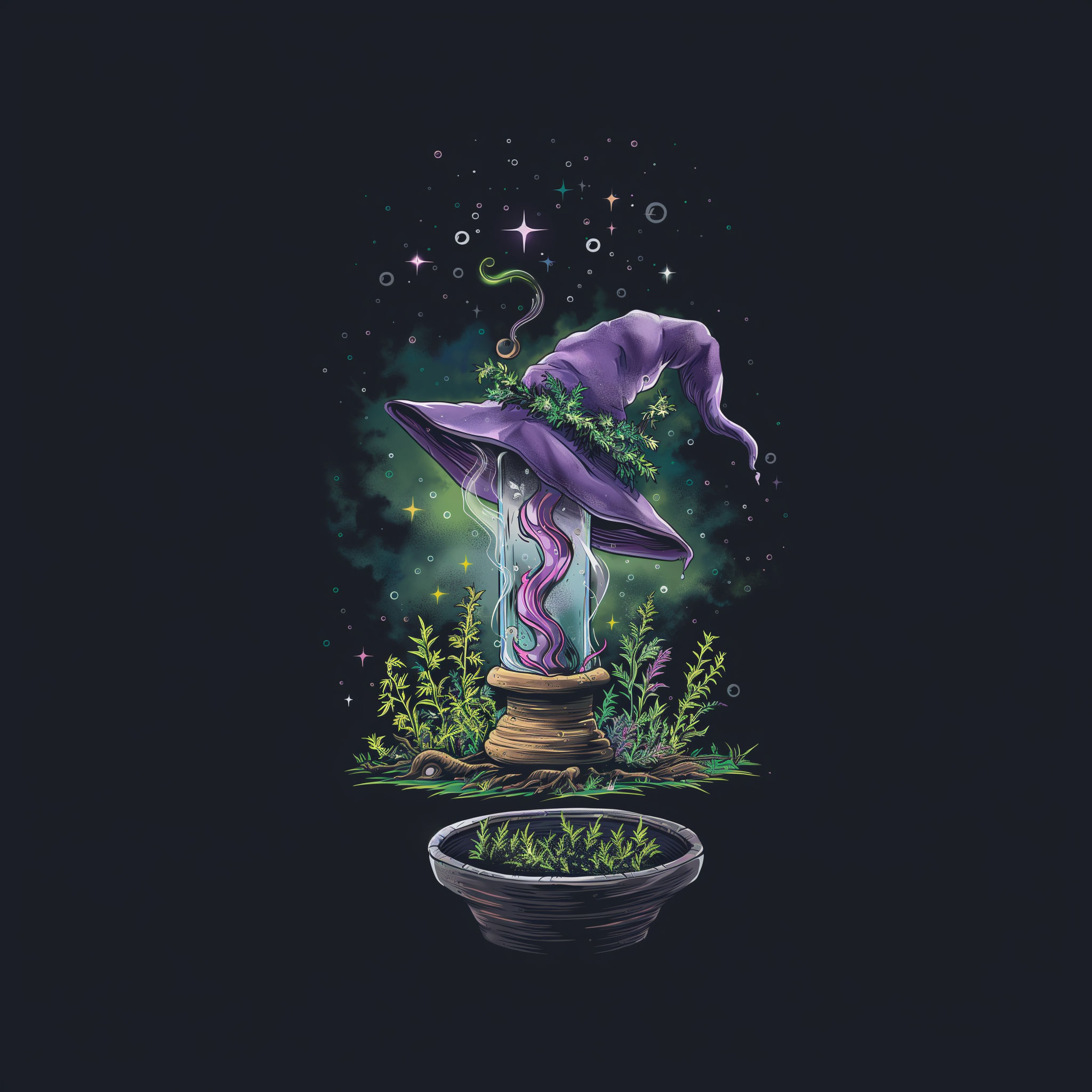 Ghost Town Seedsin etusivun mainoskuva; tyylitelty lasibongi koristeltuna purppuraisella velhon hatulla ja kasveilla; kestävät lasibongit ja vesipiiput puhtaaseen käyttöön.