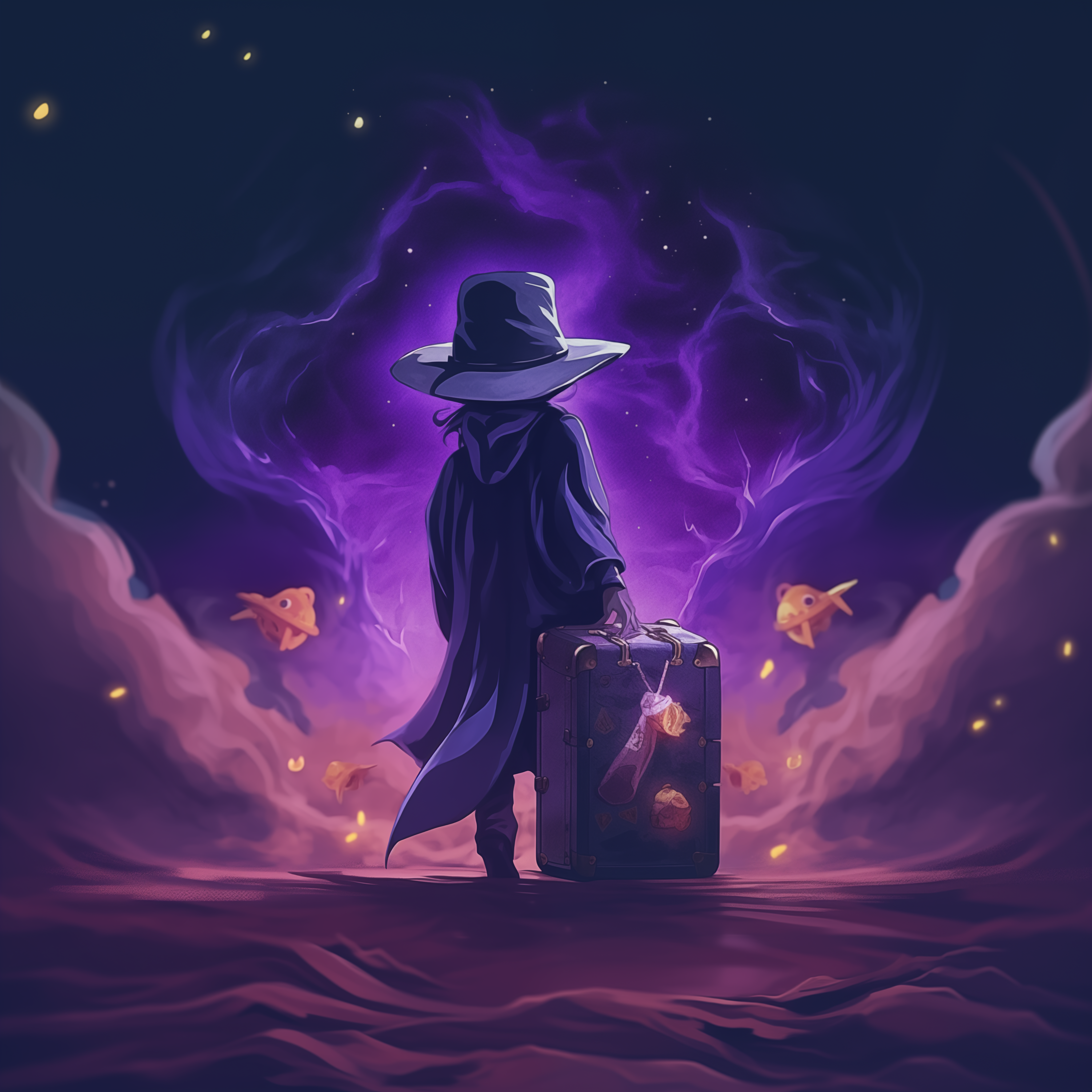 Kuvituskuva hahmosta matkalaukun kanssa purppuraisessa usvassa; Ghost Town Seedsin hajutiiviit purkit, -laukut, säilytysrasiat ja ratkaisut käärintätavaroiden sekä yrttien säilytykseen.