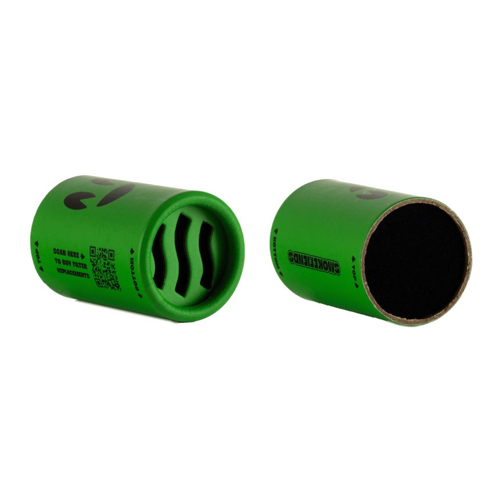 Two green Smoke Fiends filter sleeves, one showing the filter material
