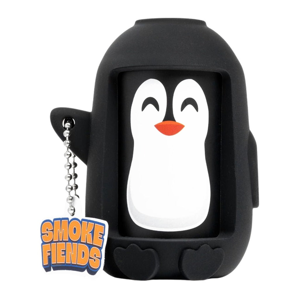 Smoke Fiends Chilly The Penguin air filter, black penguin-shaped silicone body, front view