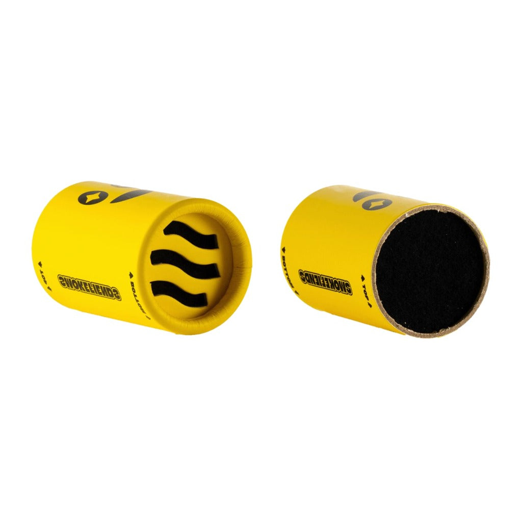 Two yellow Smoke Fiends filter sleeves, one showing the filter material